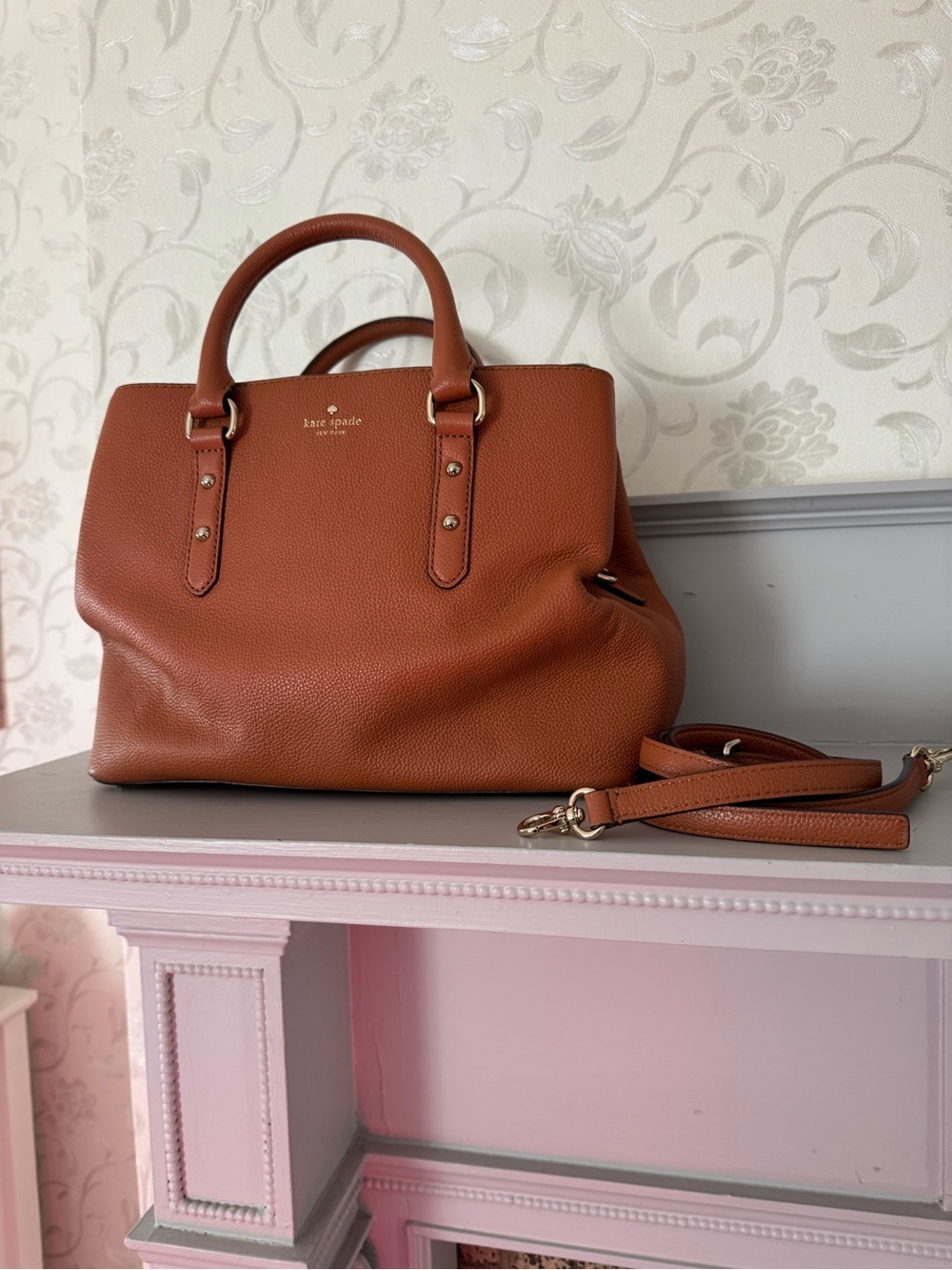 kate spade Cognac Brown Pebbled Leather Satchel with Detachable Strap
